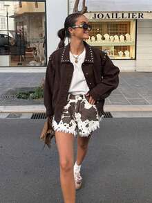 Áo khoác cổ điển dáng phi công mới dành cho nữ, tay dài, có túi, thích hợp mặc đi làm hàng ngày vào mùa xuân/thu - Cà phê nâu - Xem 6