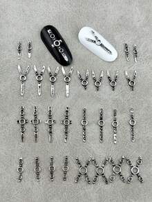 1 Pacote com 28 Peças de Decorações de Unhas em Estilo Punk Mecânico, Material de Metal Vintage Prateado, Adequado para Decoração de Unhas