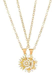 Sun Moon Necklace Set Stackable Necklace For Women Men Sparkling Gold Silver Rhinestone Sun Pendant Necklace Couple Necklaces Matching Necklaces As Best Friend Jewelry For Women Men2025 - 金子 - 查看 1