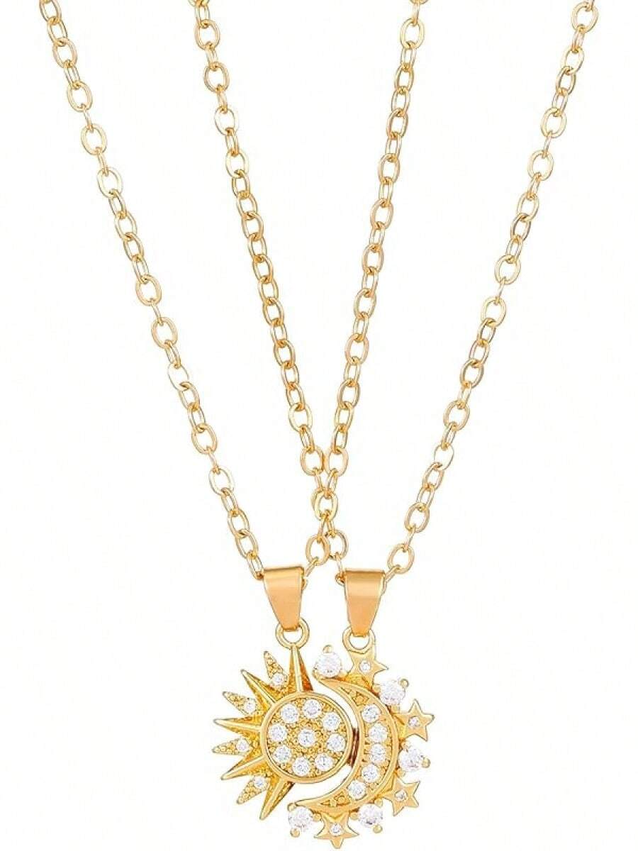 Sun Moon Necklace Set Stackable Necklace For Women Men Sparkling Gold Silver Rhinestone Sun Pendant Necklace Couple Necklaces Matching Necklaces As Best Friend Jewelry For Women Men2025 - 金子 - 查看 1