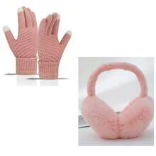 2pcs Winter Ear Muffs & Gloves Set, Women Foldable Warm Ear Warmers, Fluffy Faux Fur Headband, Suitable For Winter - Multicolor - View 1