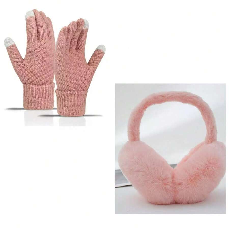 2pcs Winter Ear Muffs & Gloves Set, Women Foldable Warm Ear Warmers, Fluffy Faux Fur Headband, Suitable For Winter - Multicolor - View 1