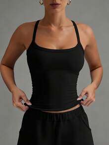 XLLAIS 女士简约纯色交叉露背弹力运动健身吊带背心，时尚细肩带黑色衬衫 - 黑色 - 查看 8