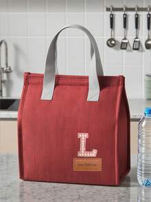 1pc Pearl Letter Pattern Canvas Tote Bag, Simple English Letter Solid Color DIY Handheld Insulated Lunch Bag, Lunch Box Bag, Thermal Lunch Bag, Large Capacity Insulated Lunch Tote Bag For Students, Office Workers, Waterproof, Oil-Proof - Multicolor - View 124