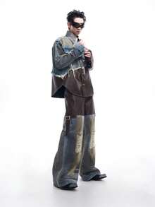 Men's Two-Piece Set, Jeans Vintage Distressed Patchwork Denim Jacket Men's Autumn And Winter Dirty Jacket - Blue - View 4