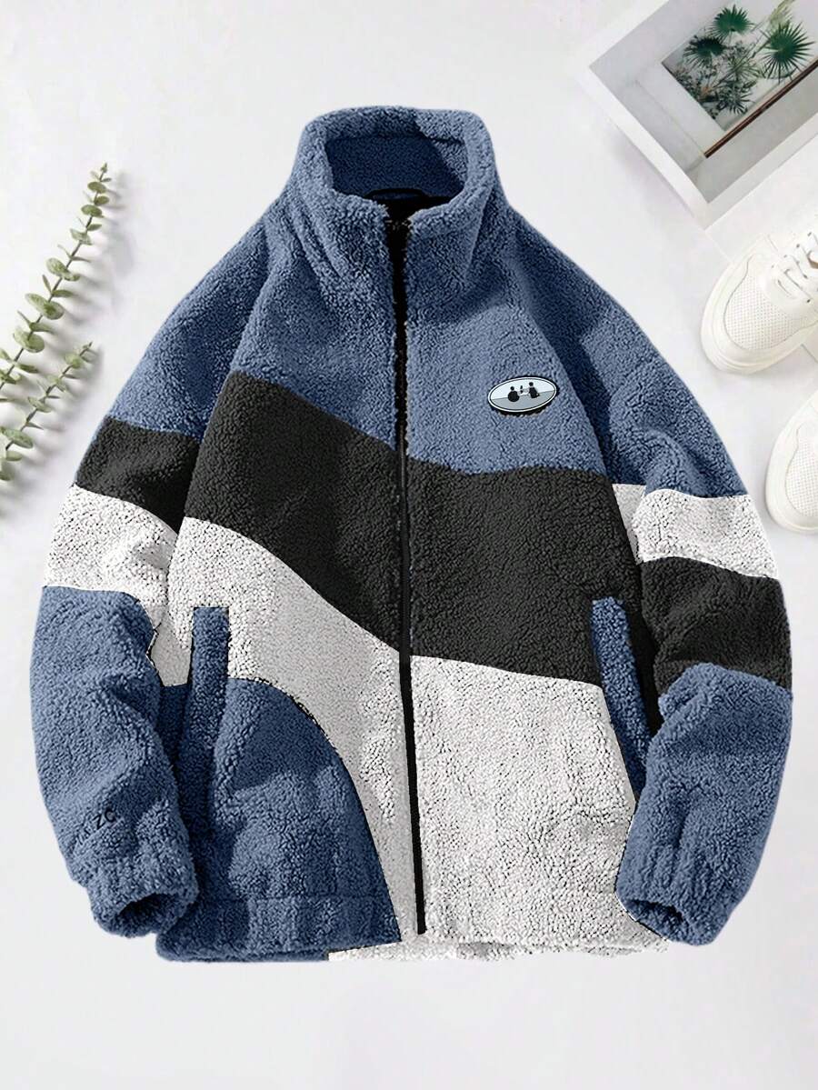 Men's Long Sleeve Casual Contrast Color Faux Shearling Fleece Thick Jacket, Autumn/Winter - Blue - View 1
