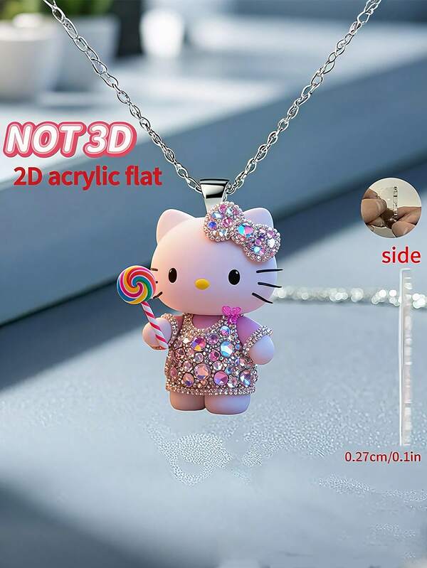 [Collana Hello Kitty] Piatta 2D - 1 pezzo Collana con ciondolo in acrilico di Hello Kitty con lecca-lecca - Design piatto 2D rosa scintillante e viola, catena regolabile, regalo perfetto per compleanni e feste, accessorio per feste di compleanno, accessorio personaggio giocoso, accessorio durevole