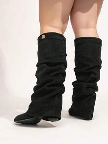 女士时尚宽版仿皮高筒靴，假日度假氛围，折叠式筒身，粗跟，黑色高跟及膝靴，带鲨鱼扣装饰，性感户外高跟高筒靴，宽版高跟鞋 - 黑布圍帶 - 查看 7