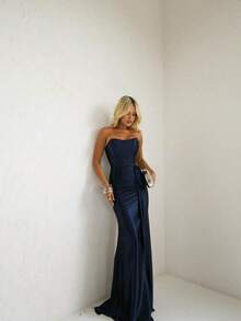 Elegant, Sexy, Satin, Strapless, Maxi Party Dress With Side Slit And Tie At The Back, Ideal For Bridesmaid/Smart Casual Attire/Wedding Guest/Graduates/Formal Occasions - 藏蓝色 - 查看 1