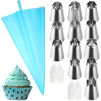 15pcs Cake Decorating Tools, 1.2" Extra Large Icing Piping Nozzles, Silicone Pastry Bags, Baking Tools, Kitchen Gadgets For Buttercream, Frosting, Cheese, Dough, Pastry, Dessert DIY, Birthday Party, Family Gathering, Holiday Celebration, Perfect Gift For Baking Lovers, Bakers, Halloween, Christmas