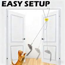 Door Frame Hanging Indoor Cat Toy, Elastic String With Feathers & Rattle,  For Interactive Teasing And Playful Fun Self Playing, Enrichment Teaser Toys For Boredom & Exercise - Grey - View 3