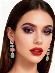 1 par de nuevos pendientes colgantes de aleación de cobre con cadena conectada, soldada, con garra geométrica y cristal de imitación, pendientes de mujer al por mayor - Estilo 1 - Ver 10