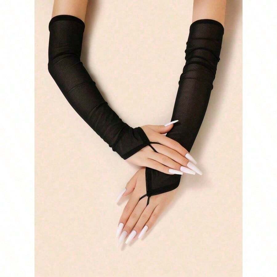 1 Pair/20 Pairs Long Arm Sleeve Fingerless Gloves, Shiny Long Sleeve Gloves, Elastic Breathable Hookless Gloves For Summer, Cosplay Party Sexy Transparent Mesh Fingerless Gloves For Women - màu đen - Xem 1