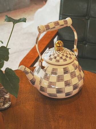 1pc, Enamel Water Kettle With Ceramic Handle (Simple Gray-White Check Pattern, Pear Shape) - All-Season Heat-Resistant, Multi-Purpose For Water Boiling, Tea Brewing, Coffee Making & Stove-Side Tea Roasting, Ideal Gift Pot For Friends & Relatives On Festivals Or Birthdays