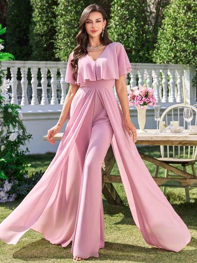  UNITHORSE Fabric Women's V-Neck Cape Sleeve Solid Color Chiffon Bell-Bottom Shape Workplace Commute Party Trousers Without Belt Loops Elegant Gown