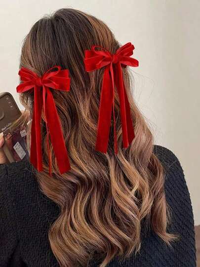 2pcs Hair Bow Clips With 2 Layers Ribbon Tails, Winter Hair Accessories Girls And Women, Great Gifts And Wear Valentine's Day Valentines