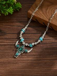 1 件复古西部牛仔风格牛头吊坠项链，适合女士，搭配椭圆形仿绿松石，双层流苏颈链，创意配饰 - 復古銀色 - 查看 9