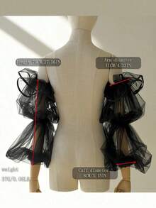 1 Pair Lantern Sleeve Detachable Long Black Bridal Sleeves, Satin Trim Tulle Fingerless Gloves, Romantic & Fleshy Coverage For Wedding Dress Autumn Accessories - 黑色 - 查看 9