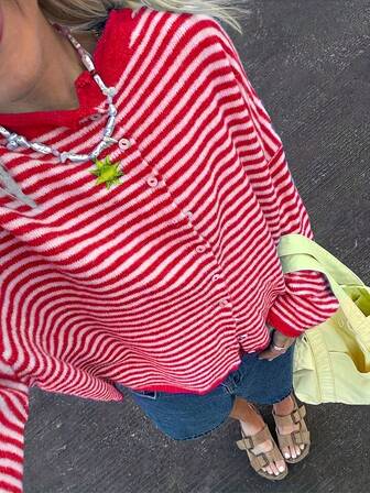 Randig stickad tröja i plusstorlek för kvinnor, avslappnad, lös, bantande och mångsidig topp, sommaren 2025, ny ankomst