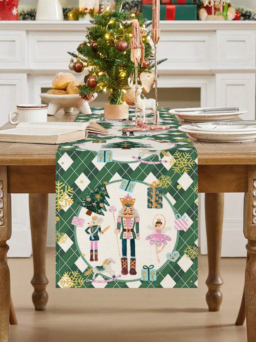 Caminho de mesa de linho natalino, 1 peça/15 peças, caminho de mesa verde com estampa de quebra-nozes e princesa, Feliz Natal, adequado para casa, restaurante, decoração de mesa de jantar