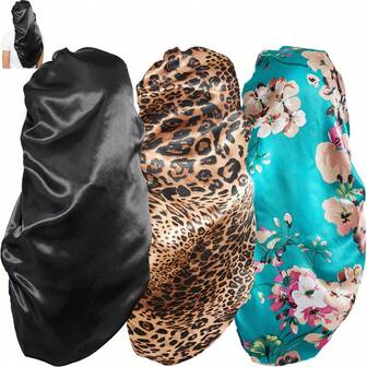 3 Pieces Long Silky Satin Sleep Bonnet For Curly Hair, Long Dreadlocks And Braids Hair Bonnets For Hair Care,Hair,Travel,Hair Products,Hair Tools,Hair Stuff,Barber,Barber Accessories,Barbershop,Hairdressing Equipment