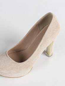 白色圆头粗跟高跟厚底低帮OL鞋 - 杏色 - 查看 8