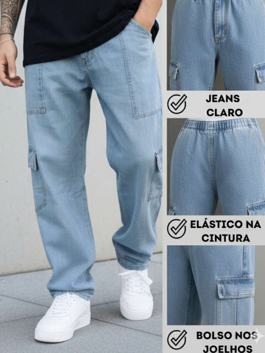 Ondway Men's Light Denim Cargo Pants With Drawstring Waist And Slight Stretch Long Trousers Loose And Casual Streetwear Skateboard Unisex - 輕便牛仔褲 - 查看 1