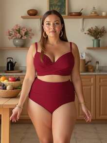 Swim Chiccia 大码女式两件套纯色加厚时尚简约分体泳衣套装适合夏季海滩度假 - 酒紅色 - 查看 3