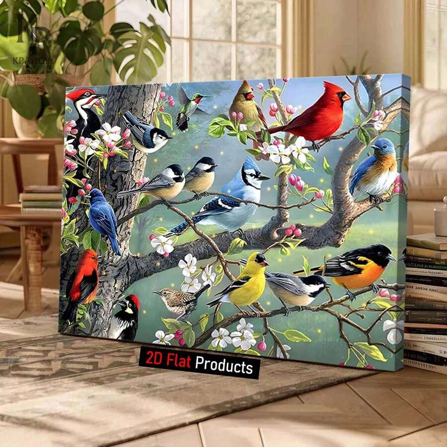 [2D Flat]1 Piece Of Canvas Painting Art Print With Wooden Frame, Bird Perched On Tree Branch With Flowers, Spring Elements, High Quality Wall Art Printed Poster Can Be Hung Directly, Pine Frame, Spring Decor,Room Decor,Office Art | Exquisite Home Art | Wooden Framed Ar - 彩色 - 查看 1