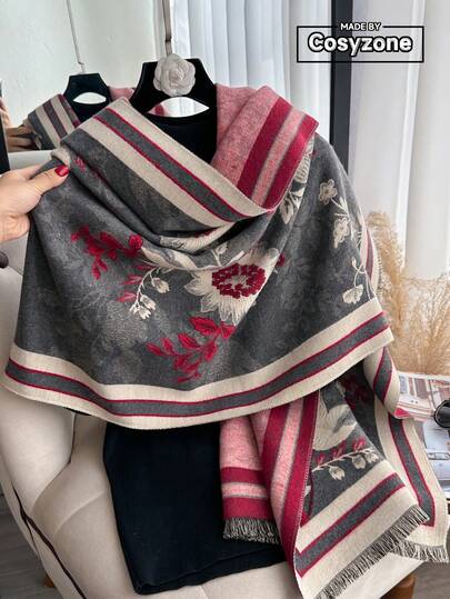 1条优雅花卉植物图案提花仿羊绒保暖围巾/披肩，百搭女士单品，适合秋冬季节，可日常搭配连衣裙，亦可作装饰。