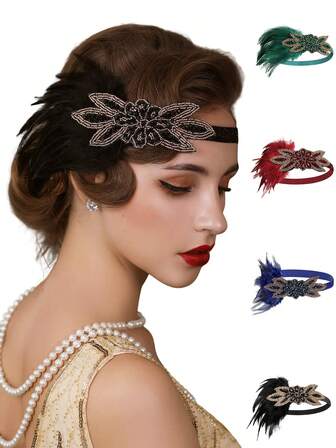 1件 1920年代盖茨比风格羽毛发箍 20年代配饰 咆哮的二十年代羽毛头饰