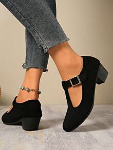 Plus Size Women's Classic Solid Black High Heels - Round Toe Design - Size 36-43 - Quality Velvet Material, Smooth And Comfortable - Black High Heels, Solid Color Low Vamp Soft Bottom Wedge Thick Heel Slip-On Shoes Strap Design, Won't Easily Slip Off - Quality Material, Won't Easily Slip Off - Thick Middle Heel Non-Slip Round Toe Slip-On Shoes - Fashionable And Versatile - Black - View 6