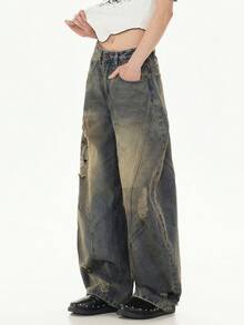 1条复古做旧拼接筒腿牛仔裤，休闲宽松嘻哈风男士牛仔裤