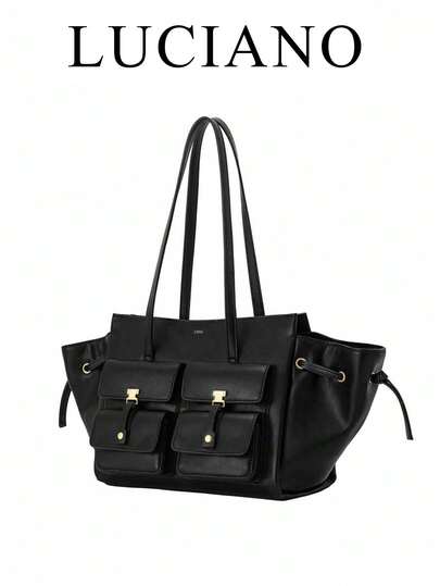 甜美酷炫女孩风黑色托特包，多口袋Y2K朋克机车包，大容量通勤单肩包