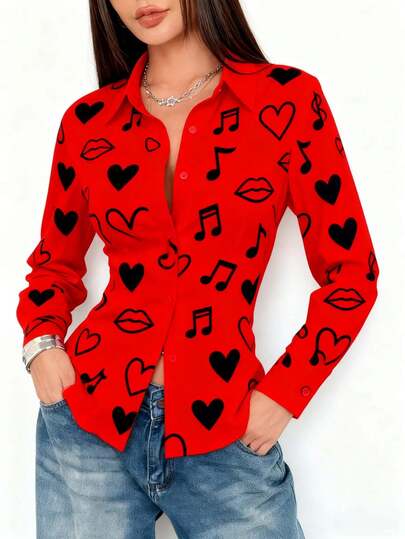 Women's Red Button Front Shirt With Black Heart And Musical Note Print Long Sleeves And Shirt Collar Polyester Blouse