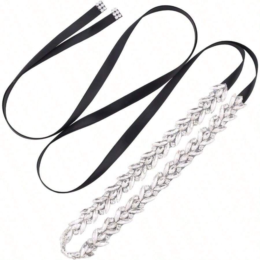 Cinturon de novia de diamantes de imitacion plateados cinturon de novia de hojas cinturon de novia de vidrio fino para novia vestido de novia y dama de honor - Plata, negro - Ver 1