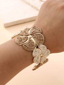 1pc Handmade Exaggerated Floral Paper Yarn Woven Bracelet, Fashionable & Versatile, Suitable For Vacation, Party And Daily Wear - Khaki - View 9
