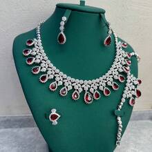 4 件奢华铜 AAA 方晶锆石红宝石流苏吊坠项链、手链、耳环、戒指首饰套装，适合女士派对、晚会、新娘、婚礼、情人节送给女友的礼物