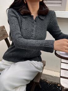 DEEKA 秋冬新款女装欧美风仿毛领针织毛衣外套 - 深灰色 - 查看 8