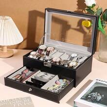 New 3/6/10/12 Slots Watch Box, With Large Glass Printed Striped, ASTUO 20 Slots Men's Watch Box, Black Luxury Watch Box Storage Case With Drawer, Leather Watch Display Box, Watch Organizer Box, Jewelry Box, Bracelet Box, Removable Watch Pillow