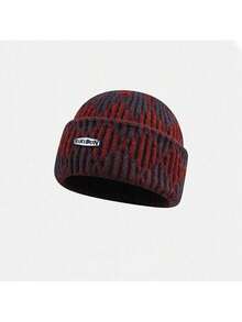 Korean Style Fashion Tie-Dye Color-Block Handmade Knitted Hat For Men And Women, Autumn And Winter Warm Rolled Edge Cold Hat, Ear Protection Pullover Knit Hat,  Suitable For Couples To Wear In Autumn And Winter - 酒紅色 - 查看 6