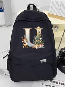 New Christmas Theme Letter Print Backpack, Unisex Shoulder Bag, Outdoor Sports Bag, Large Capacity Travel Hiking Backpack, Canvas Casual Laptop Notebook Bag Christmas Bags