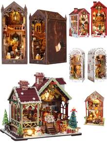 DIY Book Nook Kits, 3D Wooden Bookshelf Insert Decorative Bookend Model Kits ,DIY Christmas Book Nook Kit Miniature Doll House With Teens Decorative Item Bookshelf Wooden Home Decoration GiftS-Exclude Batteries With Tools