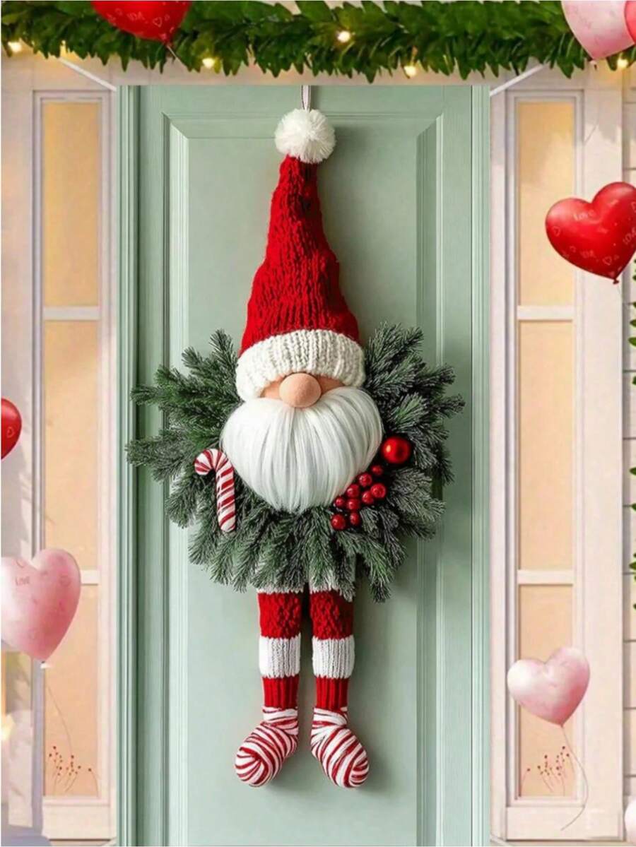 3pcs,Christmas Dwarf Door Hanging Decoration, Polyester Fiber Door With Garlands, Red Striped Legs, No Electricity Required, Festive Wall Decoration - Multicolor - View 1