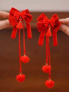 2 件新年红色儿童夹仿古风格发饰蝴蝶结丝带流苏公主头饰女孩圣诞节多功能发卡（纸卡仅供展示） - 紅色 - 查看 5