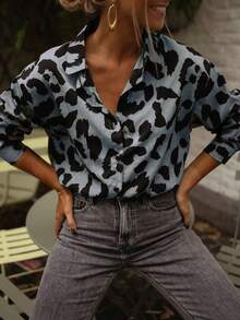 Áo kiểu nữ tay dài dáng rộng, họa tiết da báo, hàng mới về mùa xuân/hè, thích hợp cho công sở và du lịch. - Xám - Xem 3