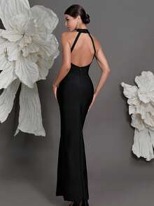 露背针织绷带紧身连衣裙，奢华欧式新款晚会开衩礼服，时尚性感修身鸡尾酒会礼服，适合家庭度假