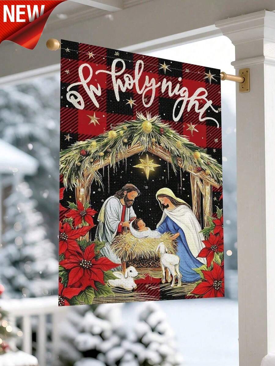 1PC 12x18 Inch Double-Sided Christmas Night Garden Flag - Linen Jesus Religious & Buffalo Red Plaid Design, Winter Farmhouse Seasonal Decor, Outdoor Flag For Yard/Porch/Lawn, Perfect Christian Yard Banner & Christmas Garden Ornament (Flags Only) - 彩色 - 查看 1