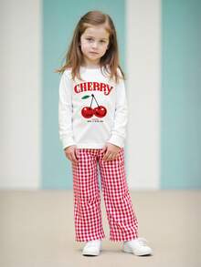 Conjunto de camiseta de manga larga con estampado de cerezas y pantalones rectos a cuadros rojos y blancos para niñas, otoño - Beis - Ver 9