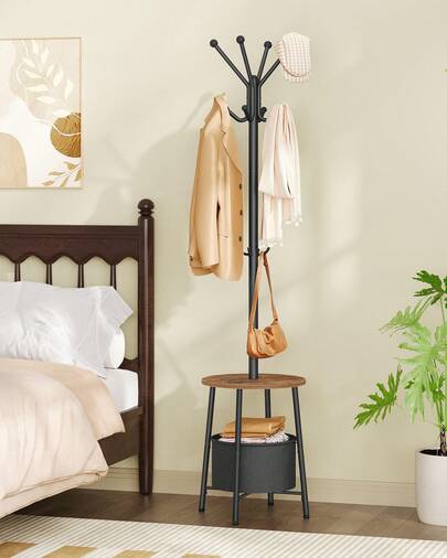 Hzuaneri Appendiabiti da Terra, con 12 Ganci, 1 Cestino portaoggetti e Ripiani, Appendi Abiti Cappotti Cappelli Borse, per Ingresso Camera da Letto Ufficio, Marrone Vintage e Nero